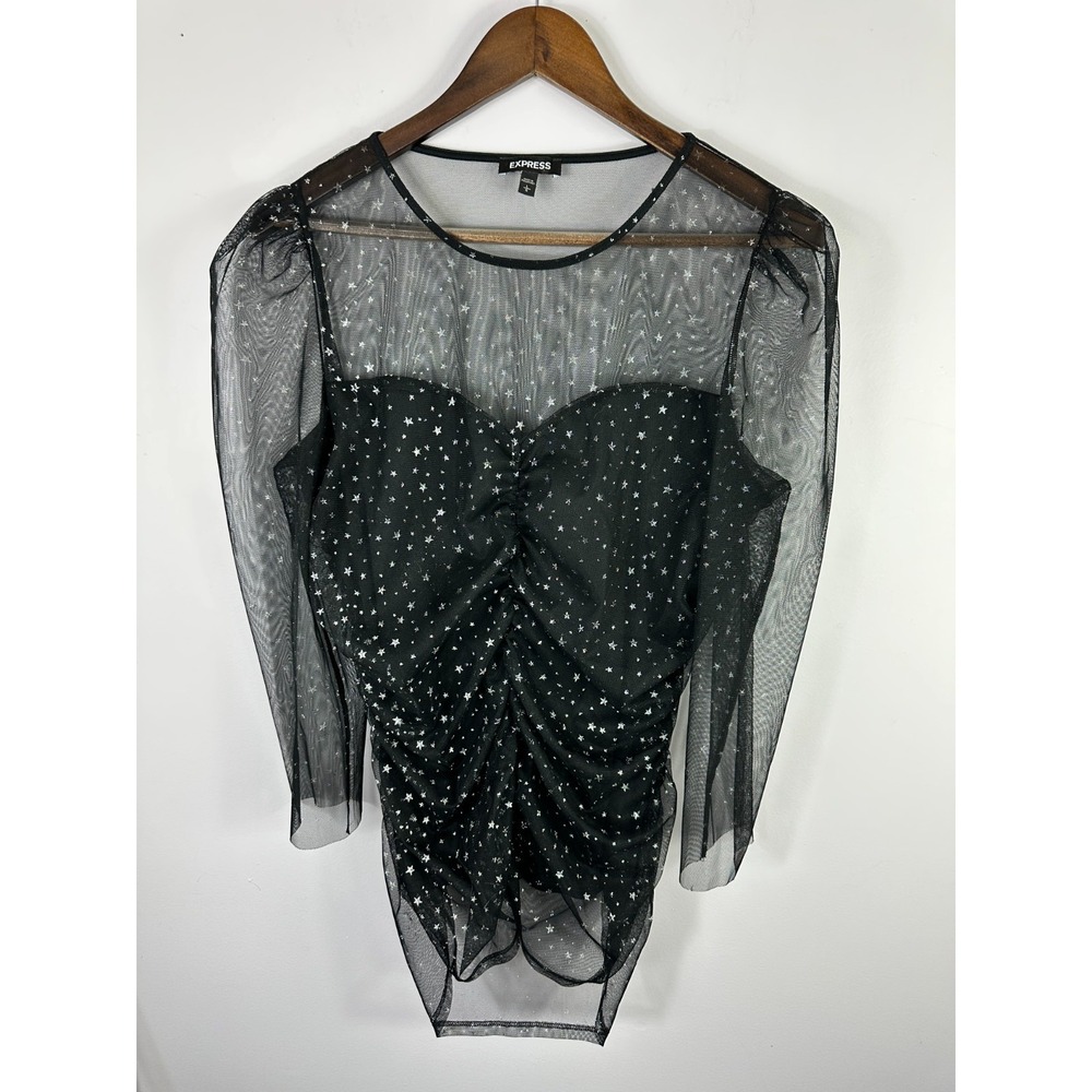 Express Black Celestial Star Ruched Top Sheer Long Sleeve Whimsigoth Y2K Indie